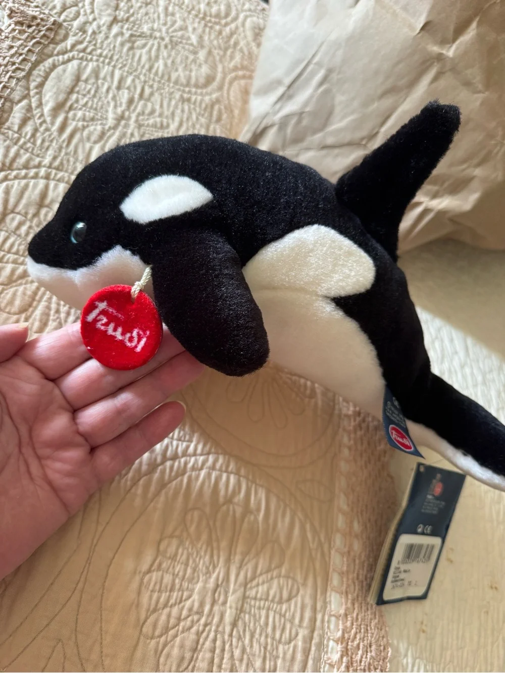 Trudi Orca Whale Plush Toy in Black and White with Red Tag
